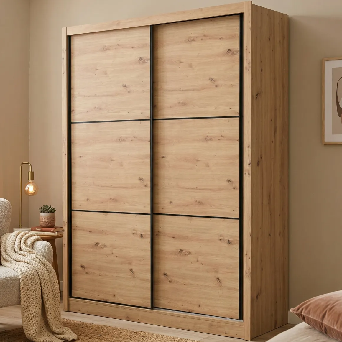 Altri Guardaroba > Dmora Guardaroba Grande Marrone Rovere Nodi Nero Appendiabiti 5 Ripiani 166x215.5h cm, Apertura Scorrevole - Musso Nero, Marrone Rovere Nodi