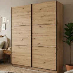 Altri Guardaroba > Dmora Guardaroba Grande Marrone Rovere Nodi Nero Appendiabiti 5 Ripiani 179x210h cm, Apertura Scorrevole - Verzino Nero, Marrone Rovere Nodi