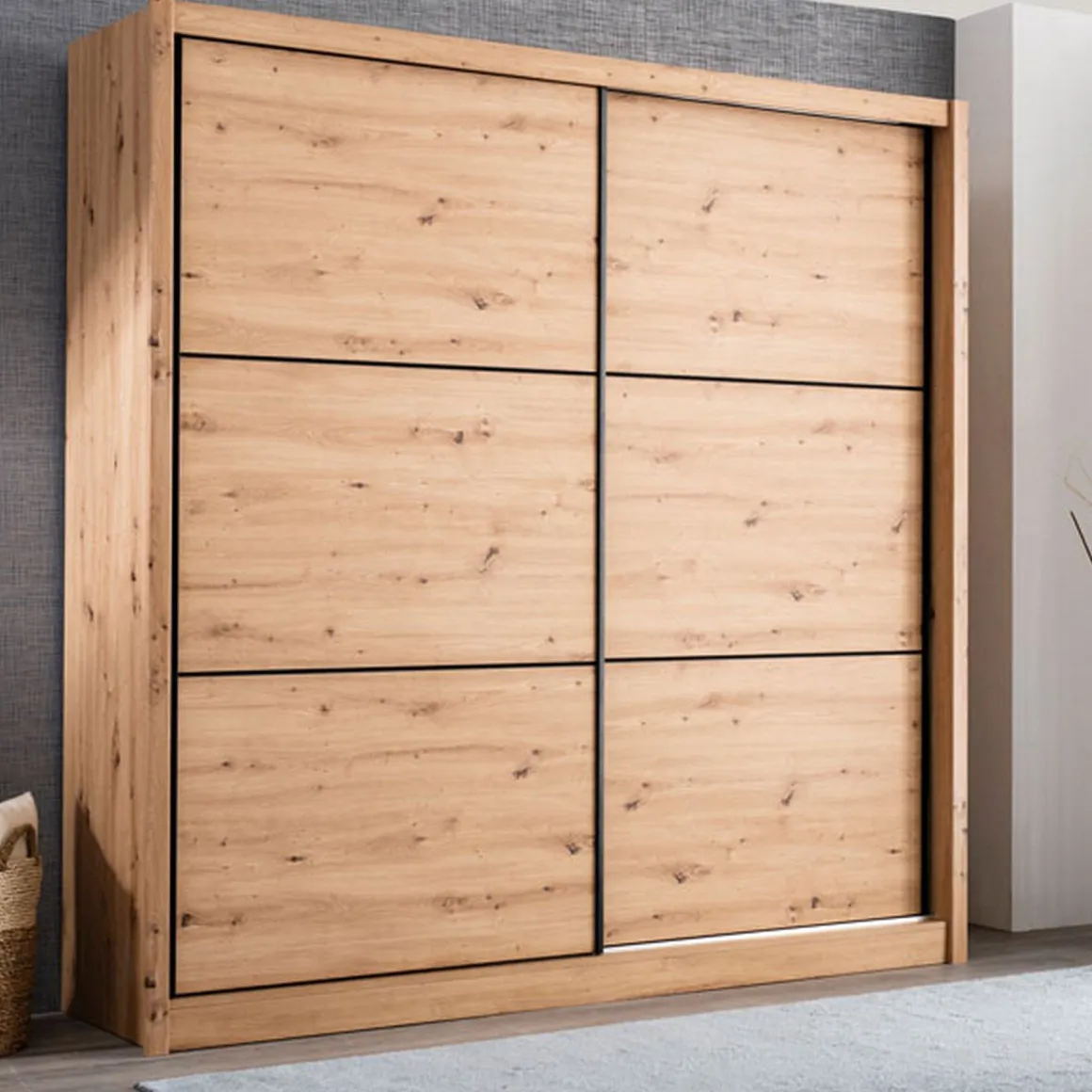 Altri Guardaroba > Dmora Guardaroba Grande Marrone Rovere Nodi Nero Appendiabiti 5 Ripiani 213x215.5h cm, Apertura Scorrevole - Godrano Nero, Marrone Rovere Nodi
