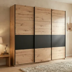 Altri Guardaroba > Dmora Guardaroba Grande Marrone Rovere Nodi Nero Appendiabiti 8 Ripiani 217x210h cm, Apertura Scorrevole - Gandino Nero, Marrone Rovere Nodi