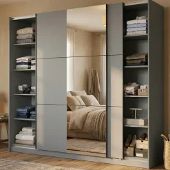 Guardaroba Grande Nero Antracite Trasparente Appendiabiti 8 Ripiani 236.5x210h cm, Apertura Scorrevole - Sorgono