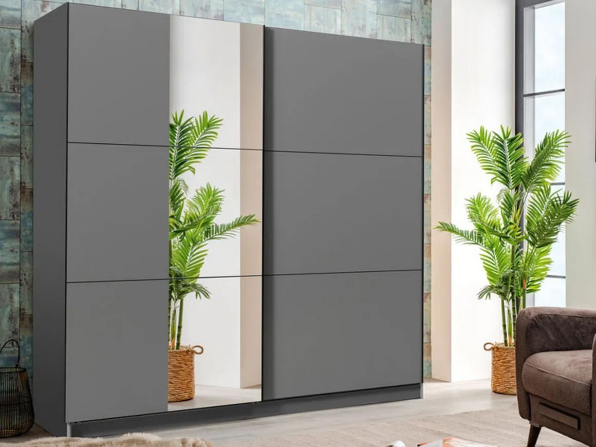 Guardaroba Grande Nero Antracite Trasparente Appendiabiti 8 Ripiani 236.5x210h cm, Apertura Scorrevole - Sorgono