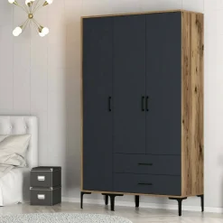 Guardaroba 3 Ante|Camera Da Letto > Dmora Guardaroba in legno noce e antracite 120x200h cm - Phyan Nero Antracite, Marrone Noce