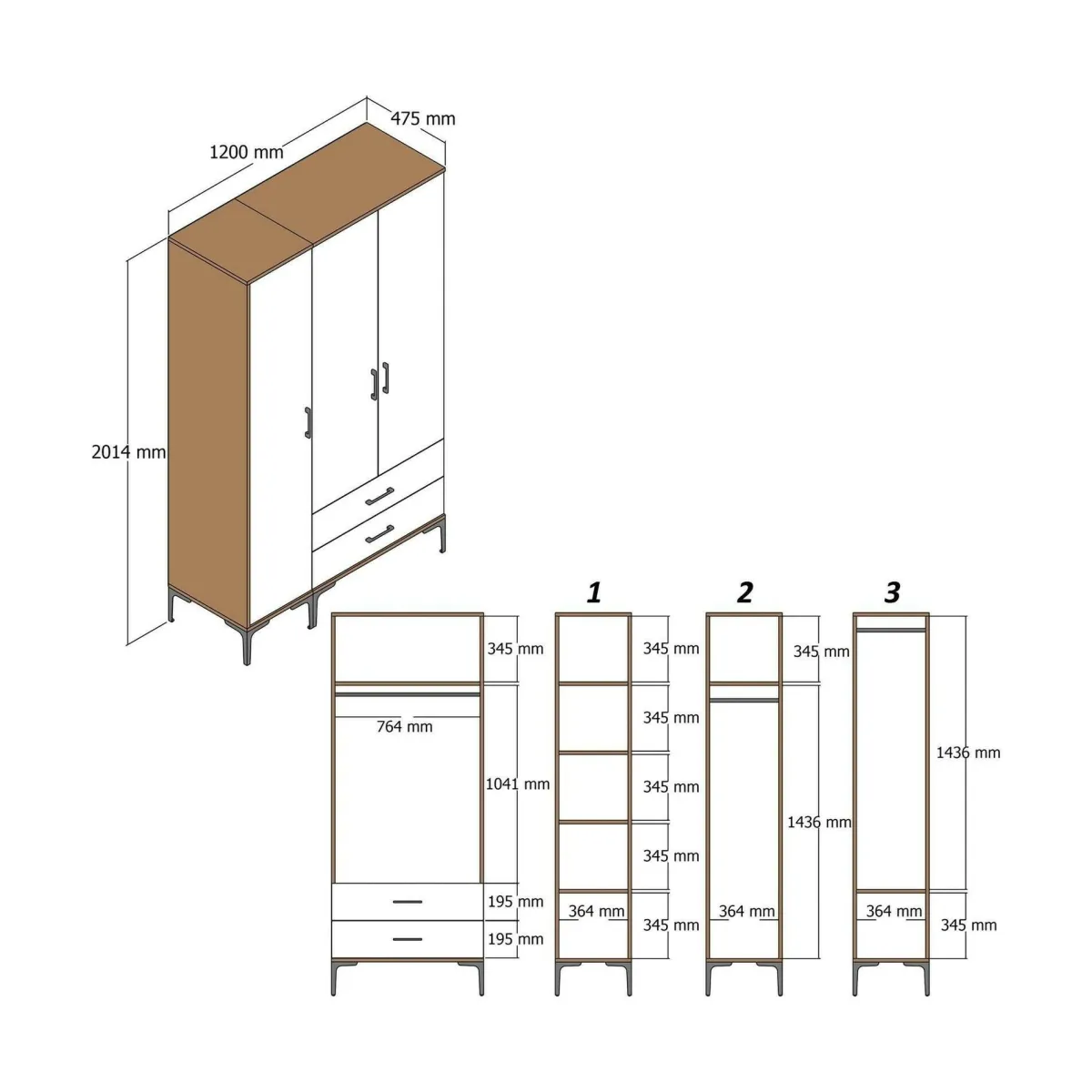 Guardaroba 3 Ante|Camera Da Letto > Dmora Guardaroba in legno noce e antracite 120x200h cm - Phyan Nero Antracite, Marrone Noce