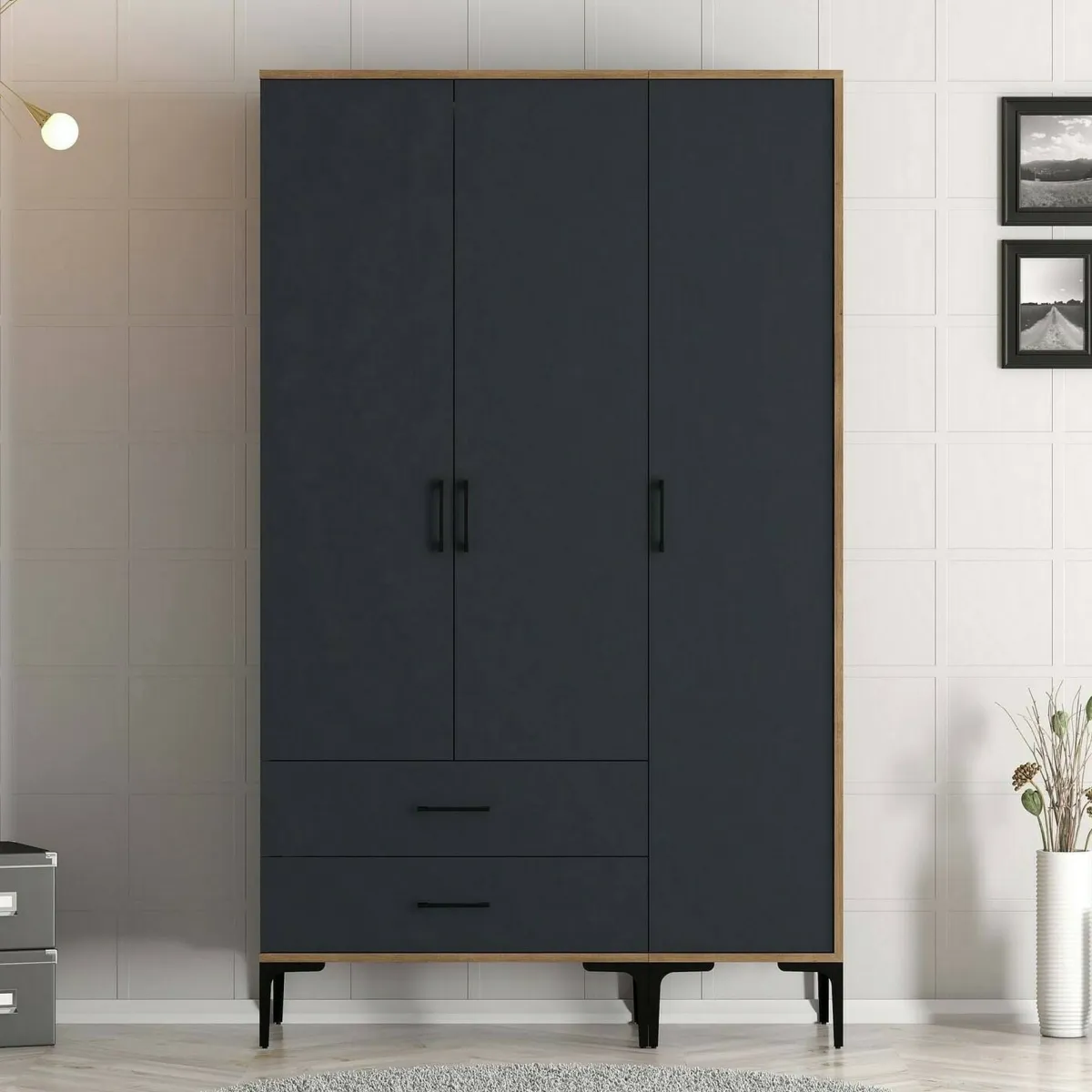 Guardaroba 3 Ante|Camera Da Letto > Dmora Guardaroba in legno noce e antracite 120x200h cm - Phyan Nero Antracite, Marrone Noce