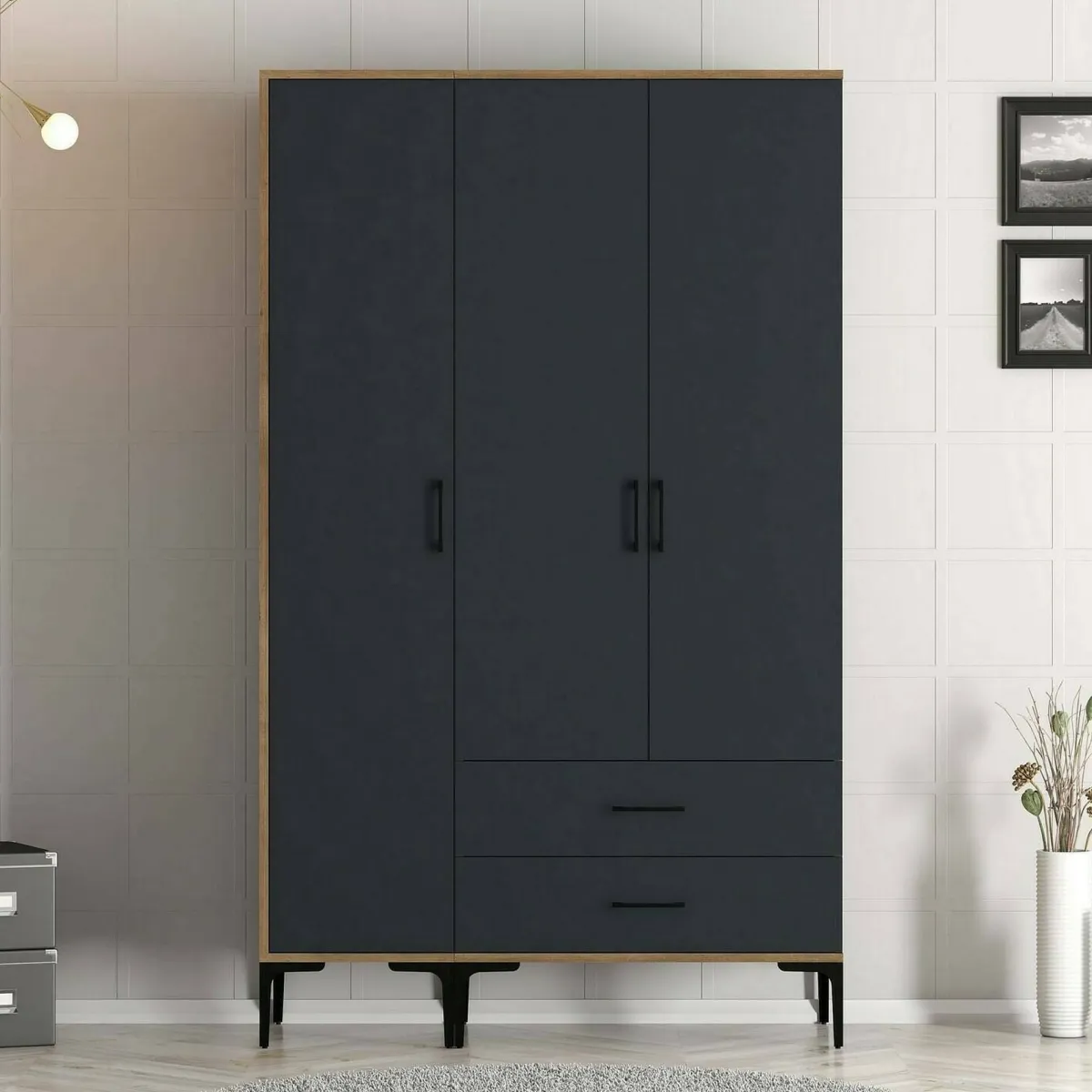Guardaroba 3 Ante|Camera Da Letto > Dmora Guardaroba in legno noce e antracite 120x200h cm - Phyan Nero Antracite, Marrone Noce