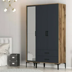 Guardaroba 3 Ante|Camera Da Letto > Dmora Guardaroba salvaspazio noce e antracite 120x200h cm - Petroleuse Nero Antracite, Marrone Noce