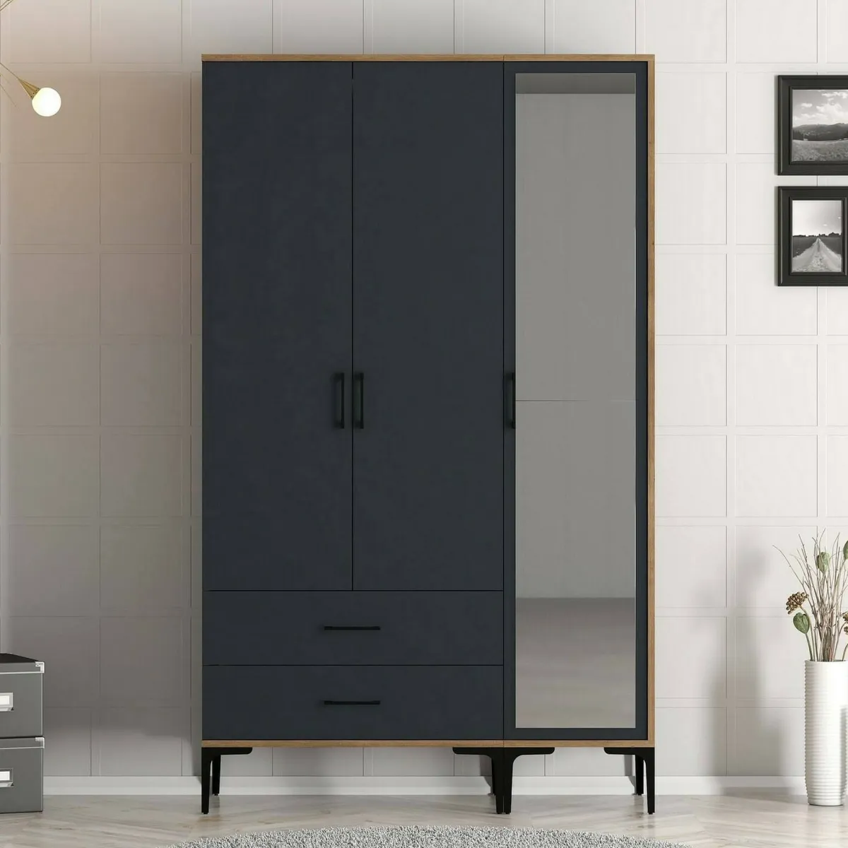 Guardaroba 3 Ante|Camera Da Letto > Dmora Guardaroba salvaspazio noce e antracite 120x200h cm - Petroleuse Nero Antracite, Marrone Noce
