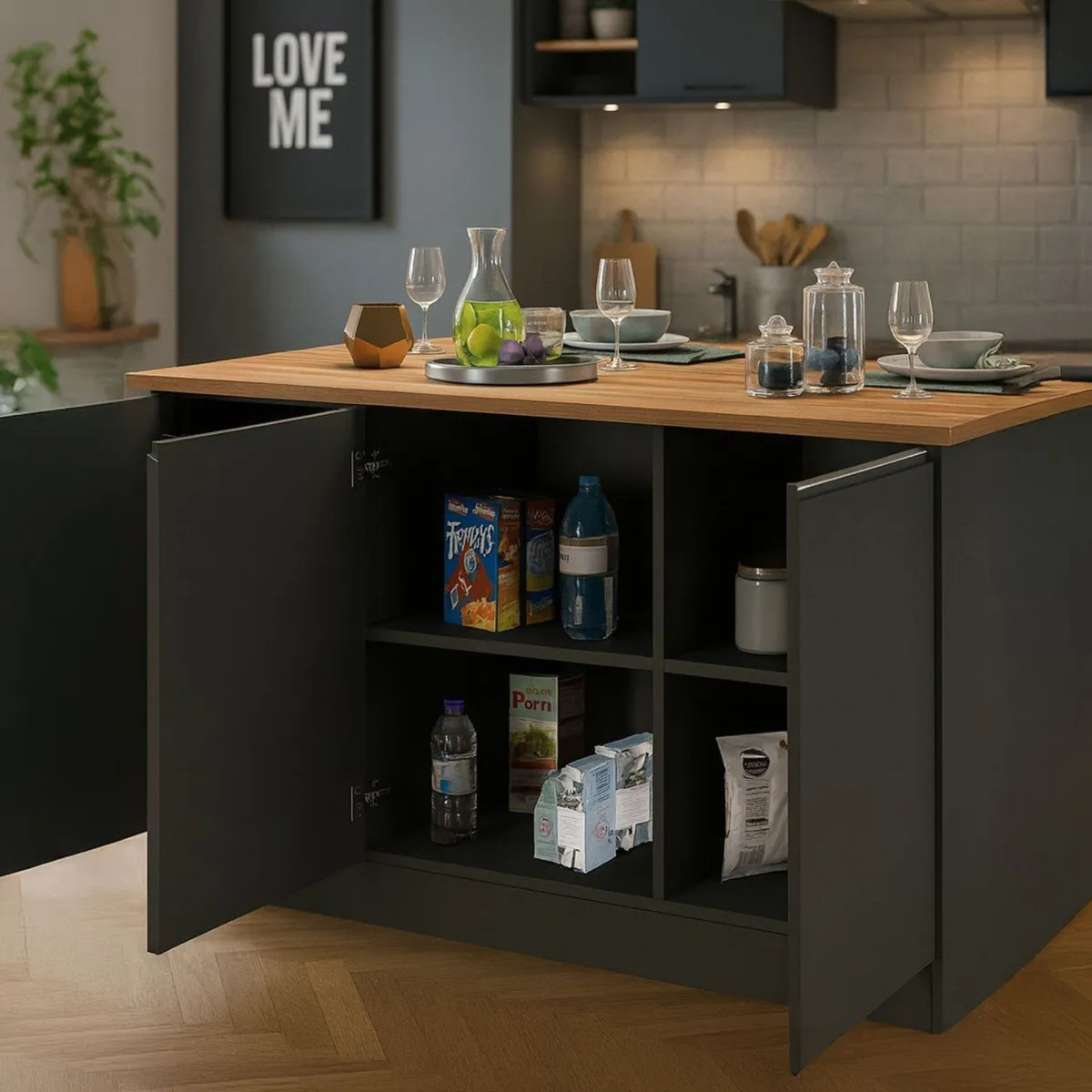 Cucina|Mobili Dispensa > Dmora Isola centrale cucina design 155x90x90h cm antracite e rovere - Tartaro Marrone Rovere, Nero Antracite