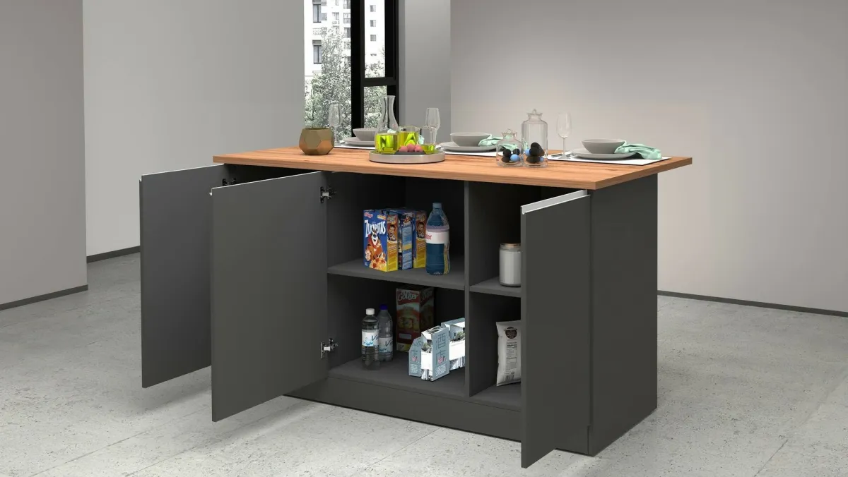 Cucina|Mobili Dispensa > Dmora Isola centrale cucina design 155x90x90h cm antracite e rovere - Tartaro Marrone Rovere, Nero Antracite