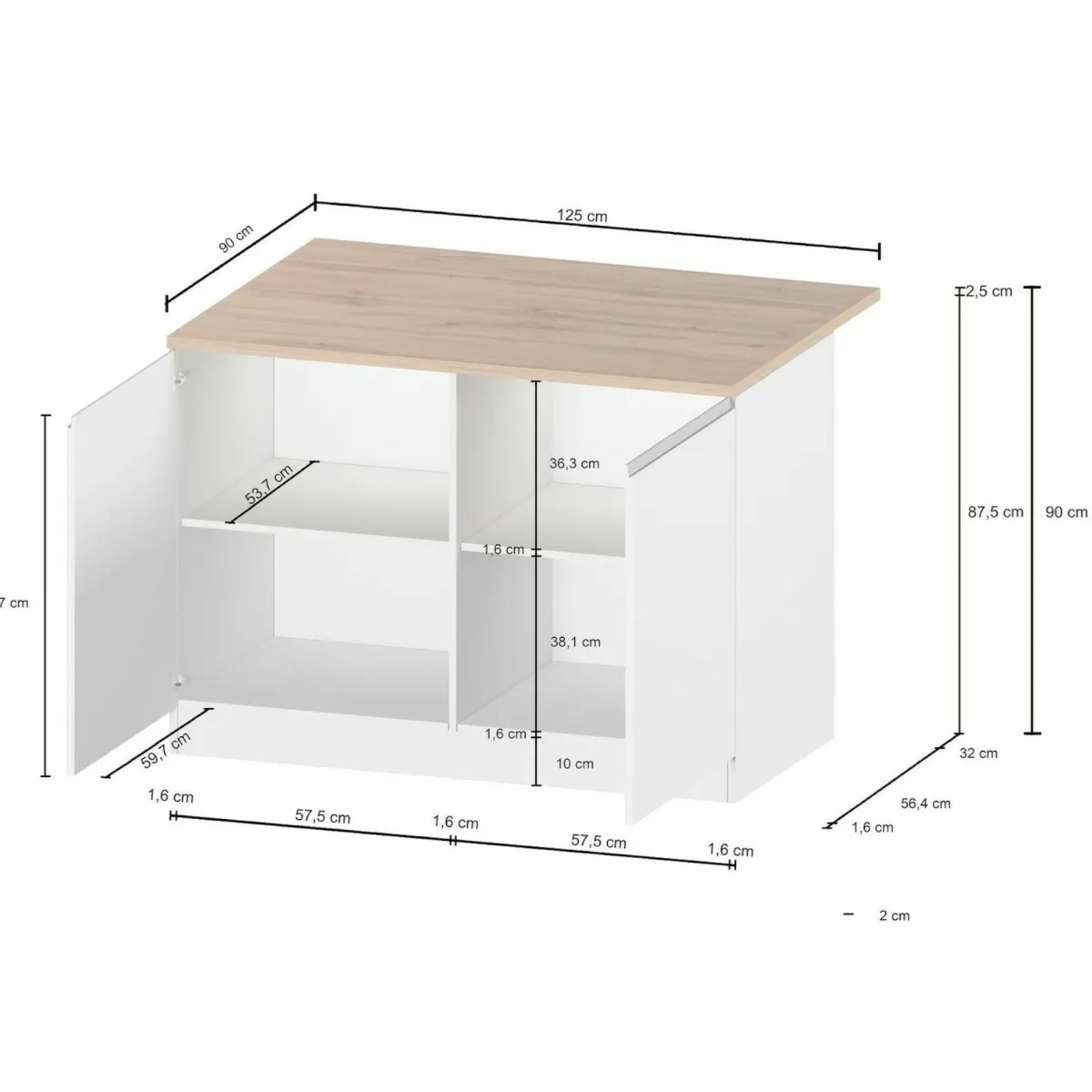Cucina|Mobili Dispensa > Dmora Isola cucina compatta per piccoli spazi 125x90x90h cm bianca lucida e rovere - Analiza Marrone Rovere, Bianco Lucido