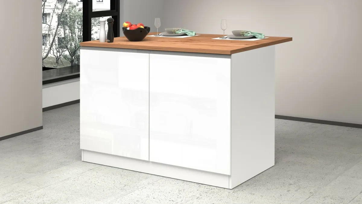 Cucina|Mobili Dispensa > Dmora Isola cucina compatta per piccoli spazi 125x90x90h cm bianca lucida e rovere - Analiza Marrone Rovere, Bianco Lucido