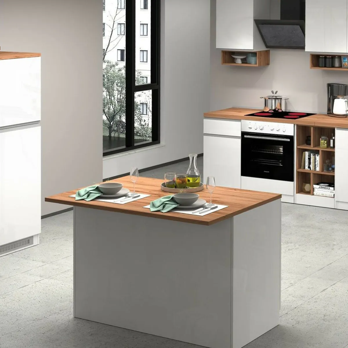 Cucina|Mobili Dispensa > Dmora Isola cucina compatta per piccoli spazi 125x90x90h cm bianca lucida e rovere - Analiza Marrone Rovere, Bianco Lucido