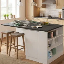 Cucina|Mobili Dispensa > Dmora Isola cucina con piano lavoro ampio 160x90x90h cm bianca lucida e ardesia - Abern Grigio Ardesia, Bianco Lucido