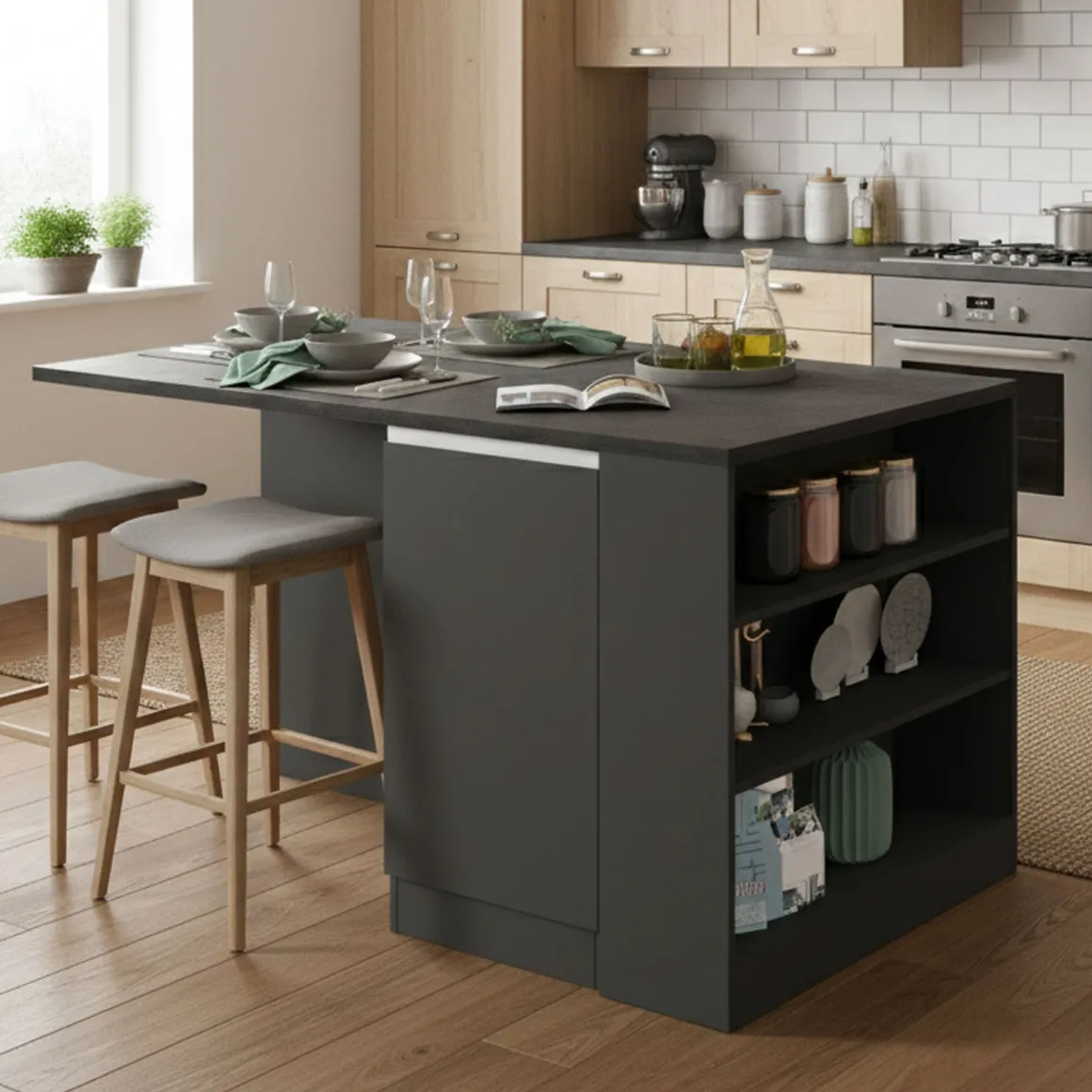 Isola cucina grande multifunzione 160x90x90h cm antracite e ardesia - Abern