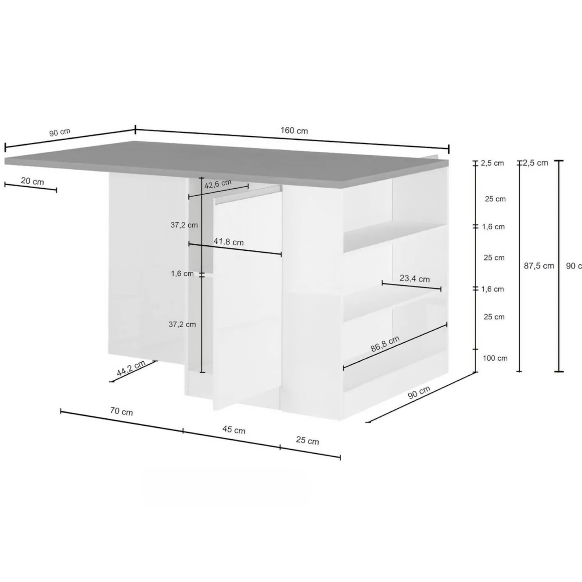 Isola cucina grande multifunzione 160x90x90h cm antracite e ardesia - Abern