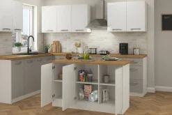 Cucina|Mobili Dispensa > Dmora Isola cucina salvaspazio con ripiani 155x90x90h cm bianca lucida e rovere - Tartaro Marrone Rovere, Bianco Lucido
