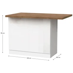 Isola da Cucina Bianco Lucido Marrone Noce 2 Ripiani 4 Vani 130x80x90h cm, 2 Ante Made in Italy - Miha