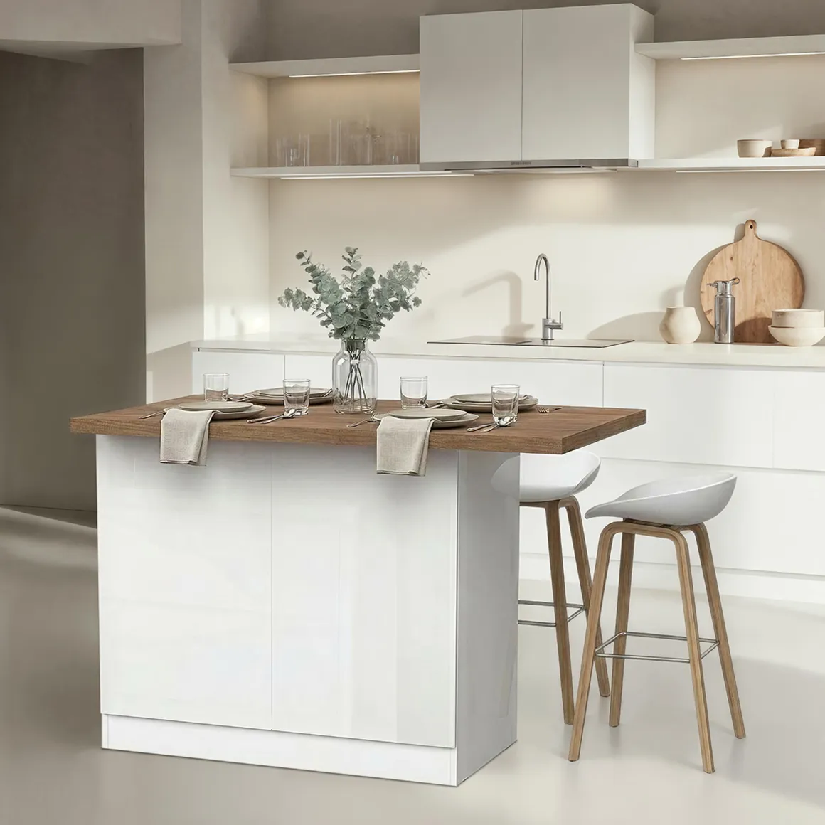 Isola da Cucina Bianco Lucido Marrone Noce 2 Ripiani 4 Vani 130x80x90h cm, 2 Ante Made in Italy - Miha