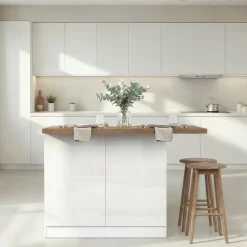 Isola da Cucina Bianco Lucido Marrone Noce 2 Ripiani 4 Vani 130x80x90h cm, 2 Ante Made in Italy - Miha