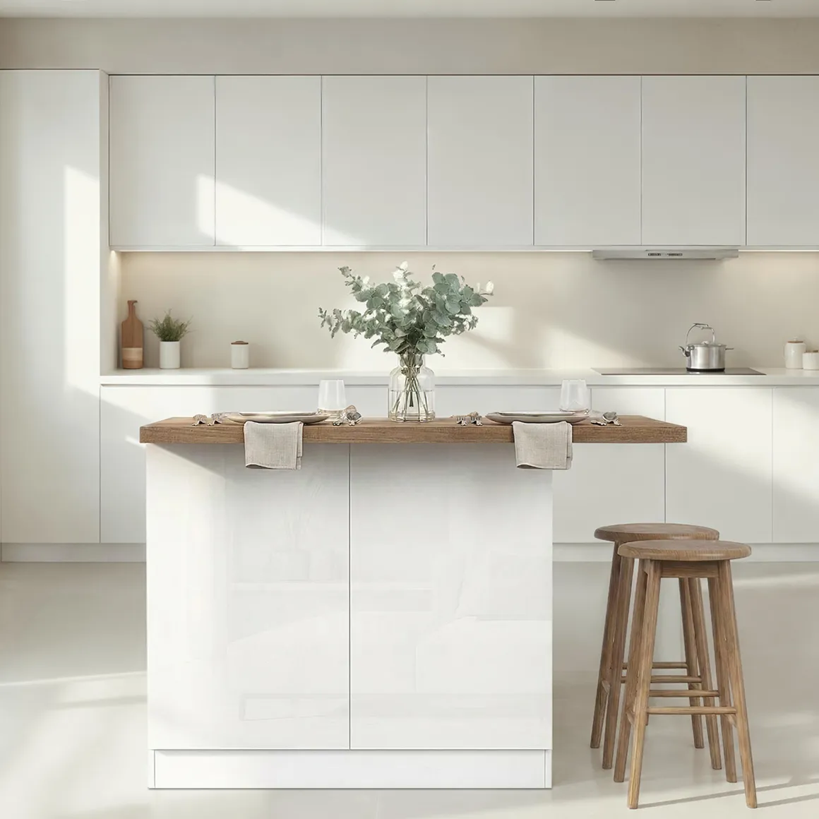 Isola da Cucina Bianco Lucido Marrone Noce 2 Ripiani 4 Vani 130x80x90h cm, 2 Ante Made in Italy - Miha