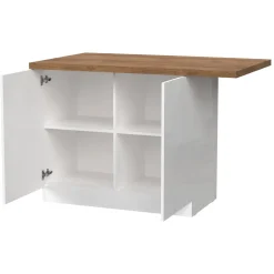 Isola da Cucina Bianco Lucido Marrone Noce 2 Ripiani 4 Vani 130x80x90h cm, 2 Ante Made in Italy - Miha
