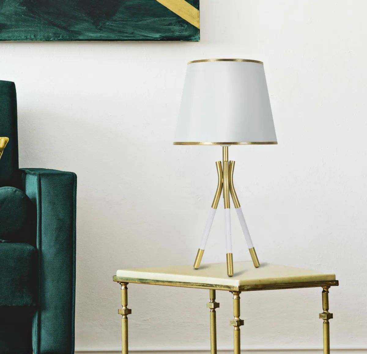 Lampade Da Tavolo > Dmora Lampada da tavolo Gongbi, 28x28 h57 cm, Bianco e Oro Oro, Bianco