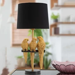 Lampada da Tavolo oro Nero Decorazione con Pappagalli Attacco e27, Paralume - Paia