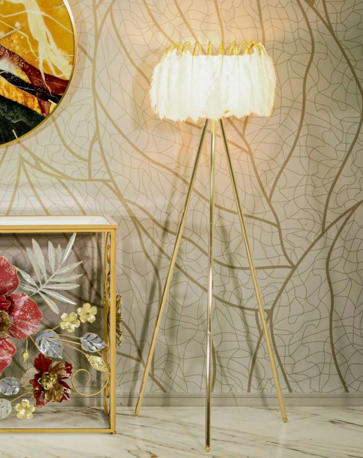 Lampada da terra Millefleur, 46x46 h147 cm, Bianco e Oro