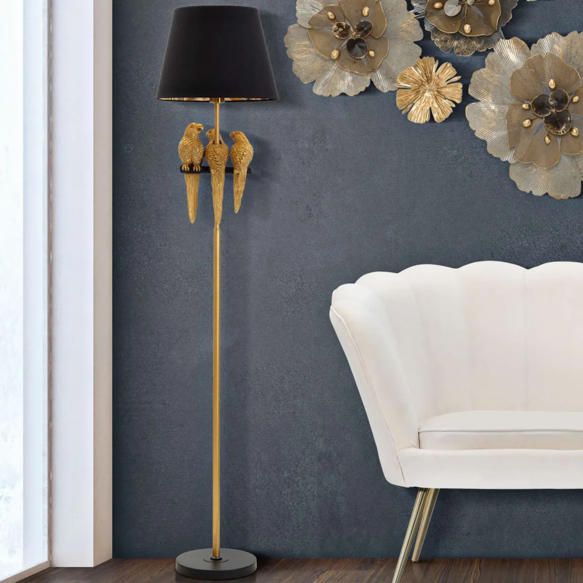 Lampade Da Terra > Dmora Lampada da Terra Nero oro Necessaria 1 Lampadina Attacco e27, Paralume - Dariha Oro, Nero