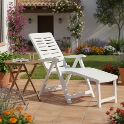 Lettino Prendisole Bianco Pieghevole con Poggiapiedi Peso Supportato 120 kg 60x60x109h cm, Schienale Regolabile Made in Italy - Henagar