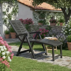 Lettino Prendisole Nero Antracite Pieghevole con Poggiapiedi Peso Supportato 120 kg 60x60x109h cm, Schienale Regolabile Made in Italy - Townley