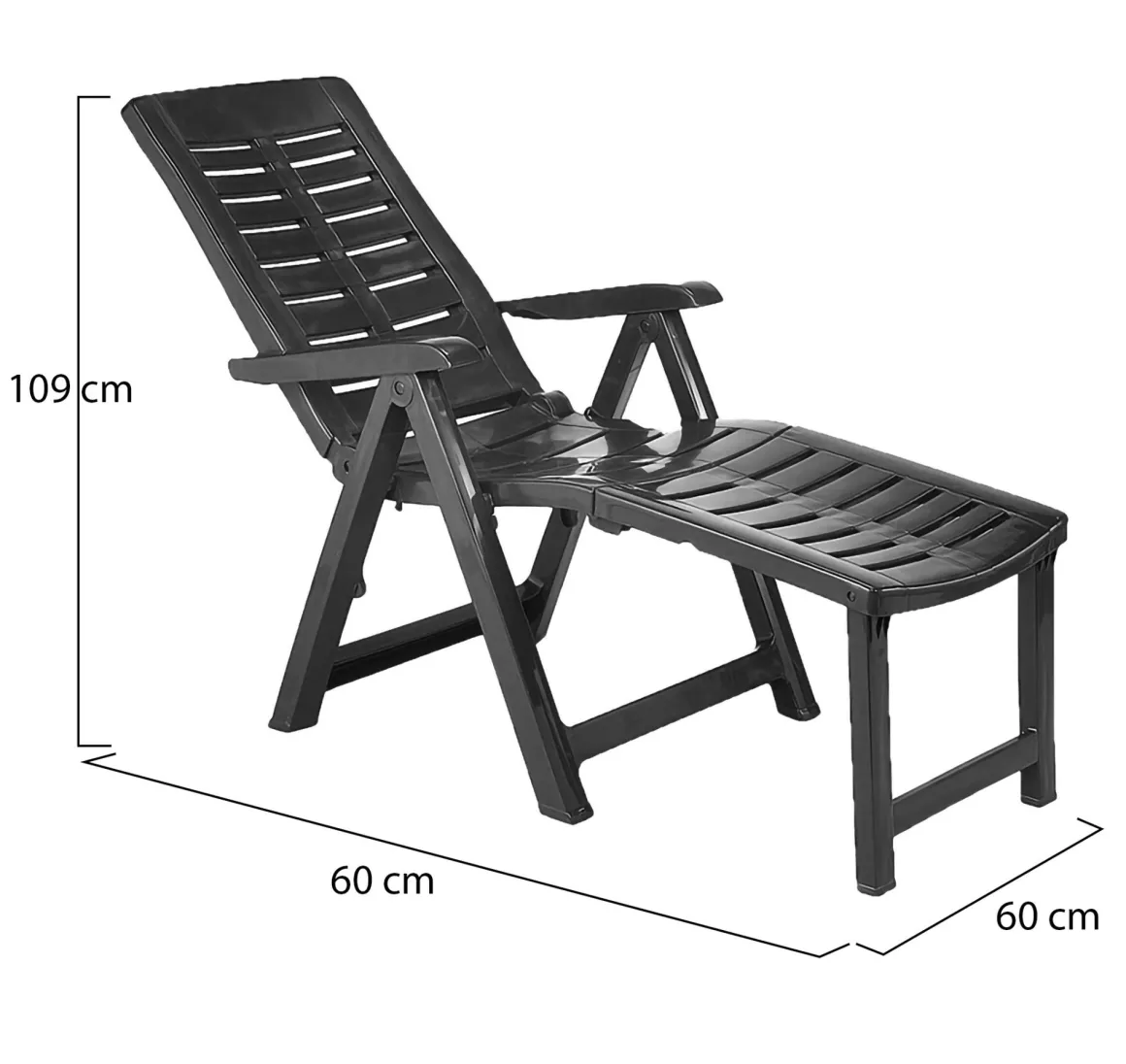 Lettino Prendisole Nero Antracite Pieghevole con Poggiapiedi Peso Supportato 120 kg 60x60x109h cm, Schienale Regolabile Made in Italy - Townley