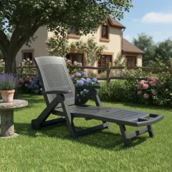 Lettino Prendisole Nero Antracite Ruote Pieghevole 195x72x101h cm, Peso Supportato 120 kg Made in Italy - Adam