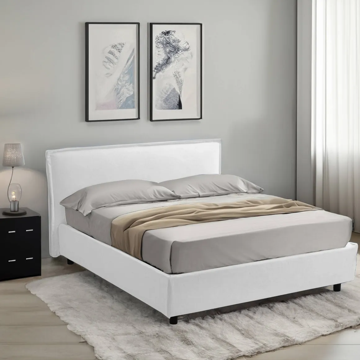 Letti Alla Francese > Dmora Letto Alla Francese Materasso Incluso Sfoderabile, Contenitore Made in Italy - Broni Bianco