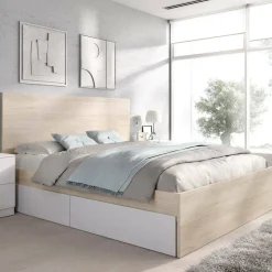 Letti Contenitore|Letti Alla Francese > Dmora Letto alla francese design bianco e rovere 218x149cm - Conching Marrone, Bianco Rovere