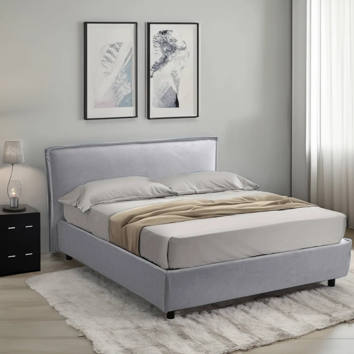 Letto Alla Francese Grigio Sfoderabile Contenitore, Dimensione Materasso 120x190 cm Made in Italy - Bronte