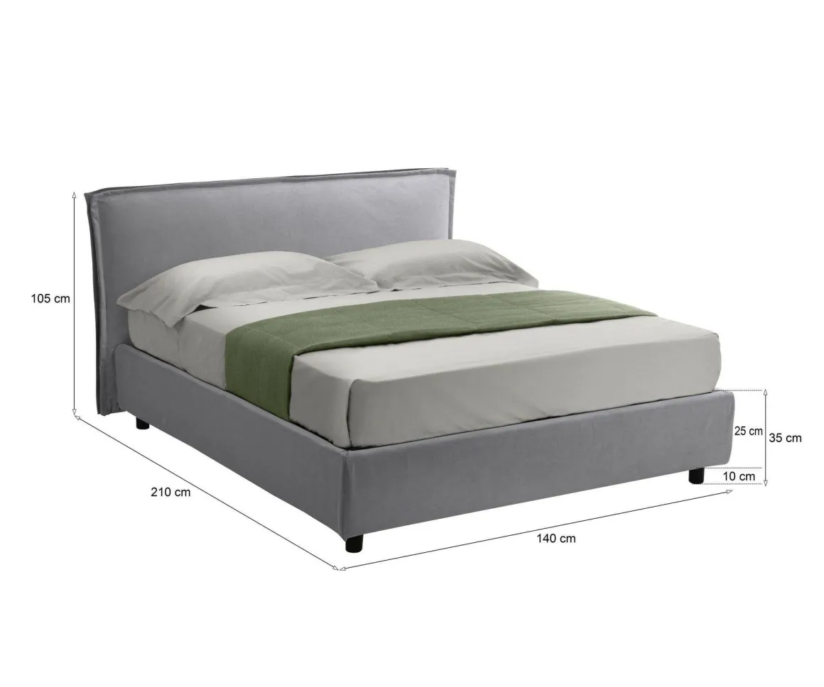 Letto Alla Francese Grigio Sfoderabile Contenitore, Dimensione Materasso 120x190 cm Made in Italy - Bronte