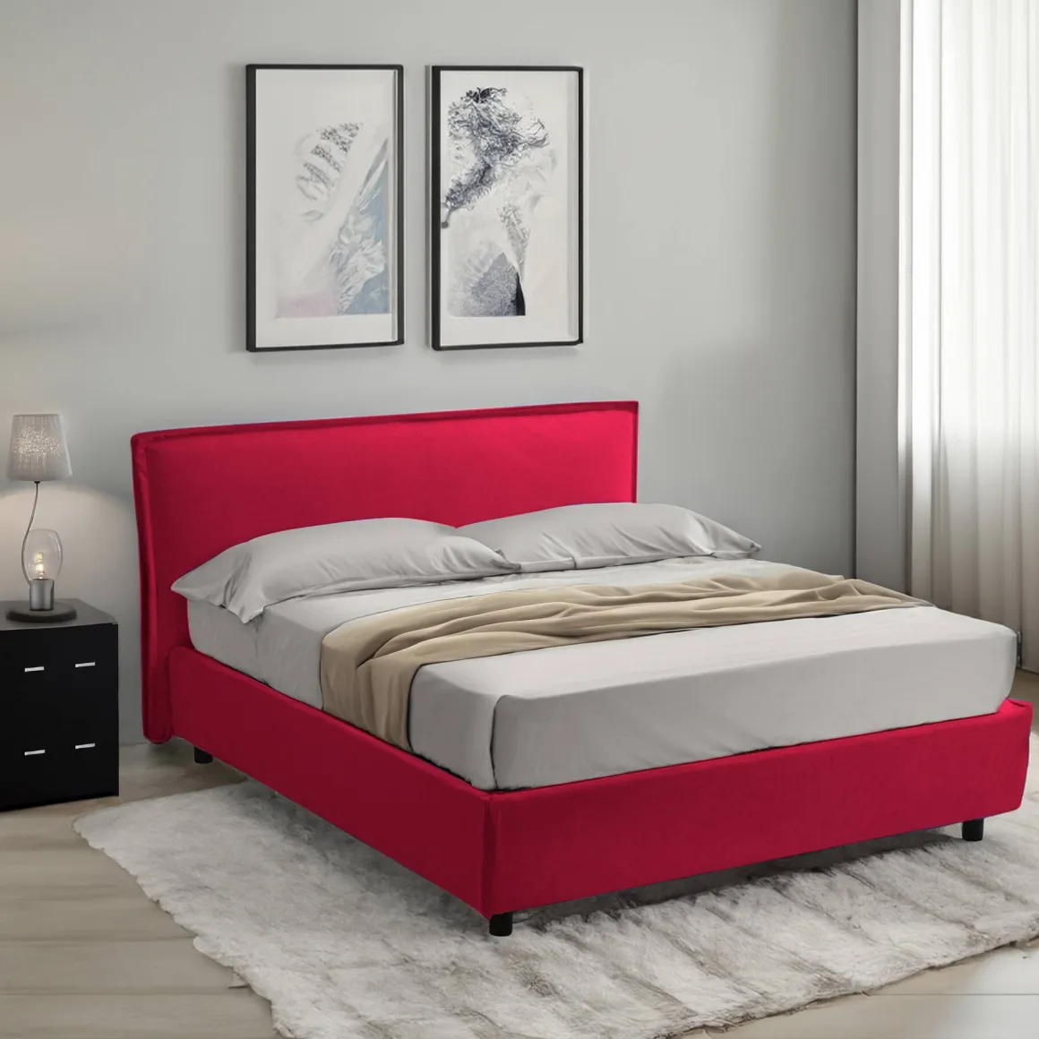 Letti Contenitore > Dmora Letto Alla Francese Materasso Incluso Sfoderabile, Contenitore Made in Italy - Broni Rosso