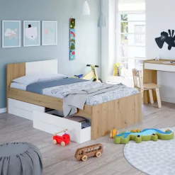 Letto bambini 2 cassetti contenitori 196x97cm rovere nodi e bianco - Azalia