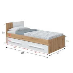 Letto bambini 2 cassetti contenitori 196x97cm rovere nodi e bianco - Azalia