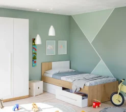 Letto bambini 2 cassetti contenitori 196x97cm rovere nodi e bianco - Azalia
