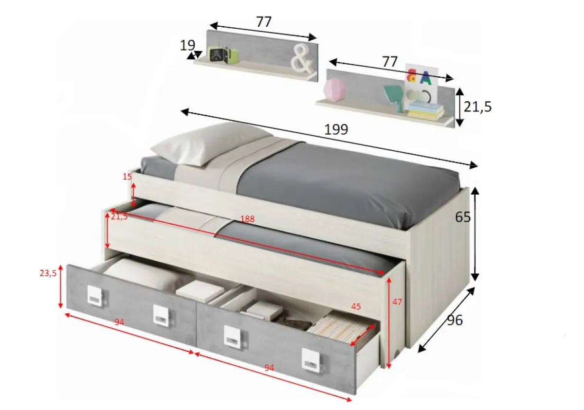 Cameretta|Camera Da Letto > Dmora Letto bambini 199x96cm bianco e cemento - Balzola Grigio, Bianco Cemento