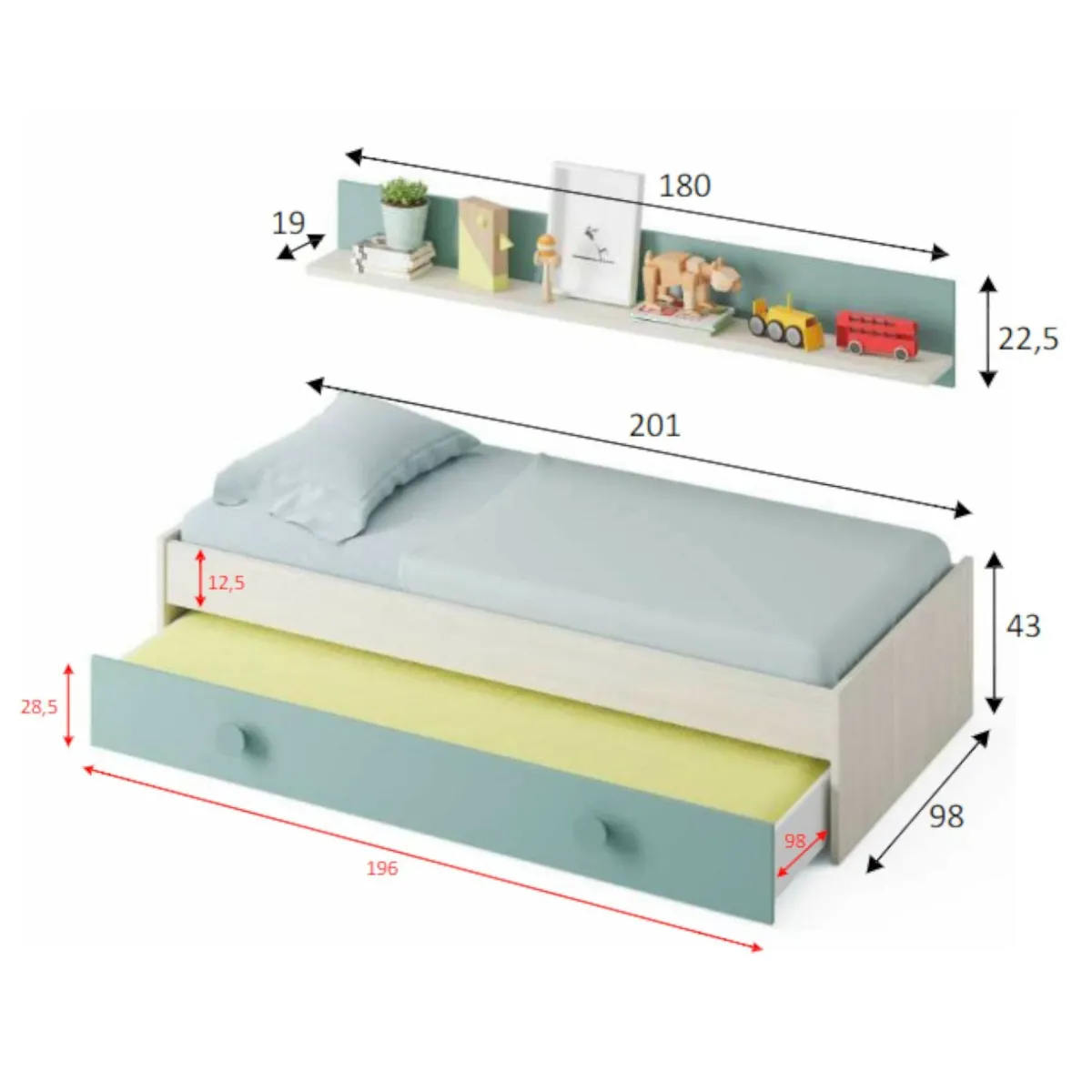 Cameretta|Letti Estraibili > Dmora Letto bambini 201x98cm bianco e verde acqua - Aqua Verde, Bianco Acqua