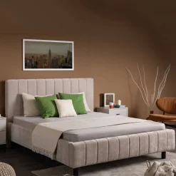 Letto Matrimoniale Beige Dimensione Materasso 160x200 cm Testiera e Giroletto Imbottiti, Imbottito - Exmouth