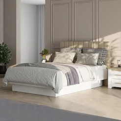 Letti Matrimoniali > Dmora Letto Matrimoniale Bianco Beige Dimensione Materasso 160x200 cm Testiera Imbottita, Imbottito - Byron Beige, Bianco