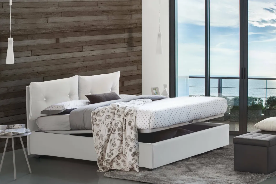 Letti Matrimoniali|Letti Contenitore > Dmora Letto matrimoniale contenitore 175x205cm rivestimento in tessuto - Akasha Bianco