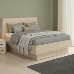 Letti Matrimoniali > Dmora Letto Matrimoniale Marrone Rovere Bianco Crema Testiera Imbottita Imbottito, Dimensione Materasso 180x200 cm - Circeo Bianco Crema, Marrone Rovere