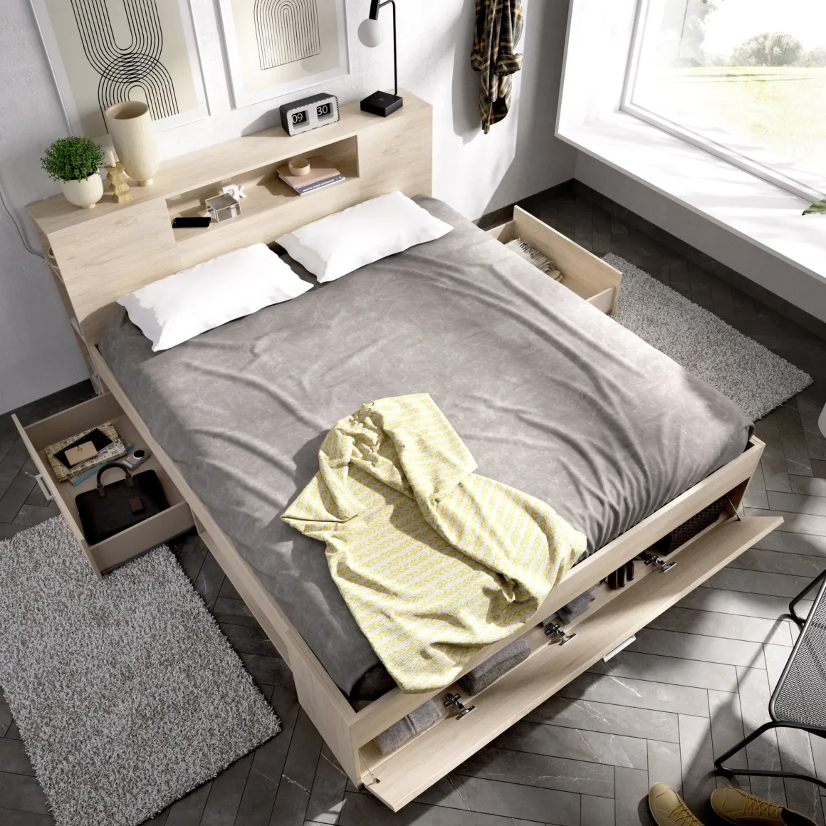 Letto Matrimoniale Marrone Rovere Contenitore Dimensione Materasso 160x200 cm, Peso Supportato 150 kg - Murlo