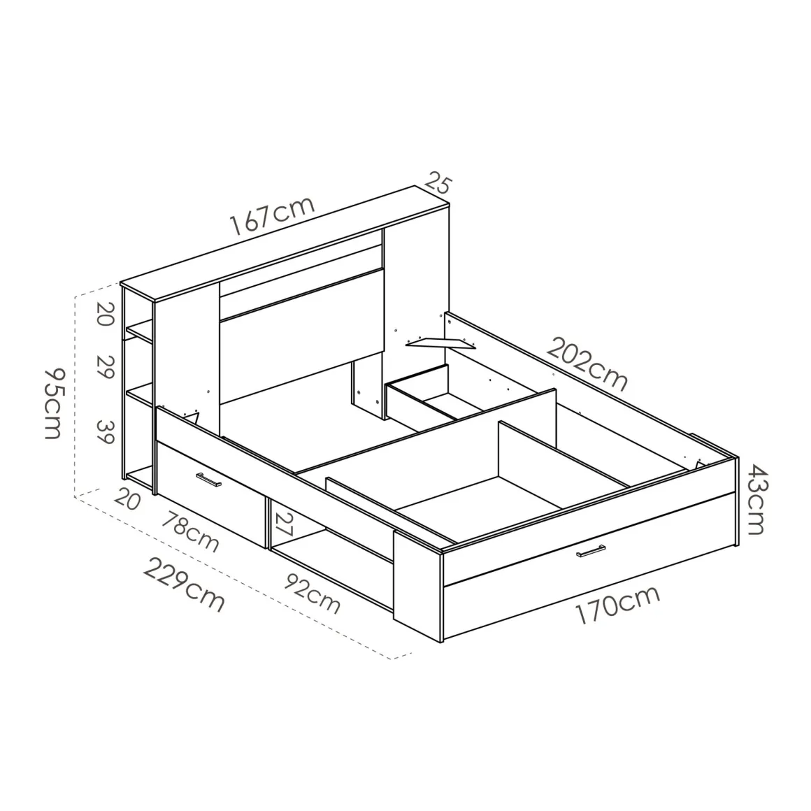 Letto Matrimoniale Marrone Rovere Contenitore Dimensione Materasso 160x200 cm, Peso Supportato 150 kg - Murlo